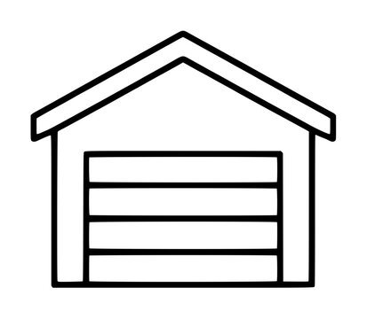 Minimalist black and white hand-traced vector icon illustration of a simple garage building featuring a pitched roof outline and a segmented roll-up sectional door, isolated on a white background,