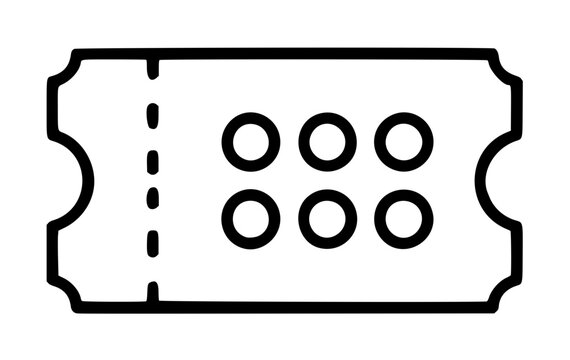 Hand-traced black vector illustration of a classic lottery ticket icon featuring a perforated tear line and six circular number spots, simple line art outline design on white background, minimalist