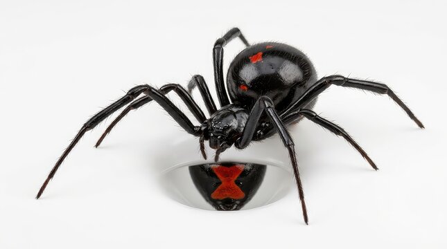 Black widow spider on white background. Dangerous arachnid with red hourglass marking.