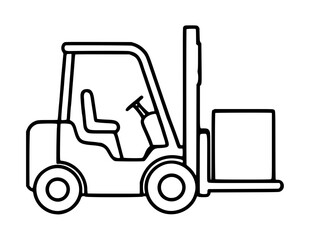 Naklejka premium Hand-traced vector line icon illustration of a forklift truck carrying a cargo box, isolated on white background, industrial warehouse transport equipment