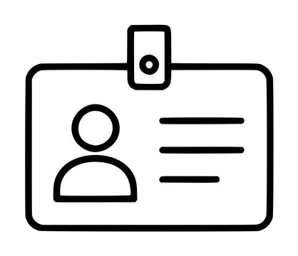 Hand-traced vector illustration of an identification badge card icon featuring a stylized personal profile silhouette alongside horizontal text lines, minimalist outlined design on a clean white