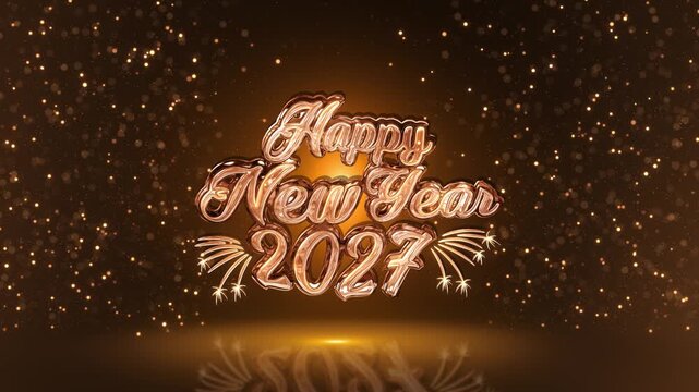 Metallic 2027 New Year lettering shines against a rich brown background filled with golden particles and stylized firework accents. Perfect for event screens, social posts and seasonal advertising 4K.