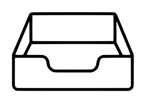 Minimalist black and white vector icon of an empty office inbox or outbox tray for document organization, featuring clean lines and a modern design for business and administrative workflow tasks.