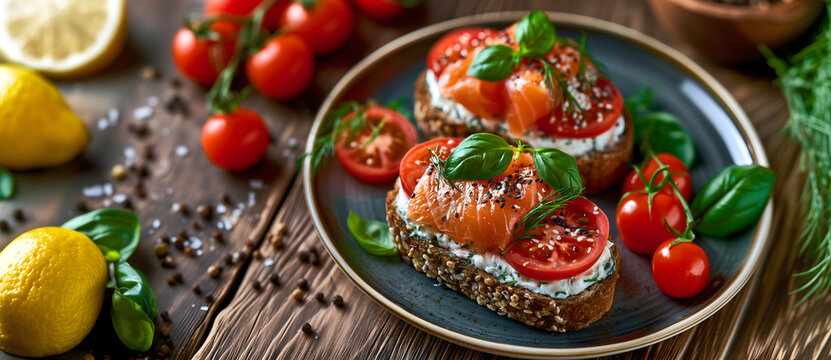 Creative food template. Bread toast with tomato, Smoked Salmon, basil dill vegetable herb, range spread, lemon, ground pepper on wooden rustic table. copy text space. Long banner