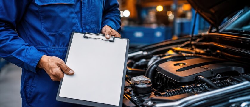 professional auto mechanic in blue uniform holding a blank clipboard beside an open car hood and engine in a service garage