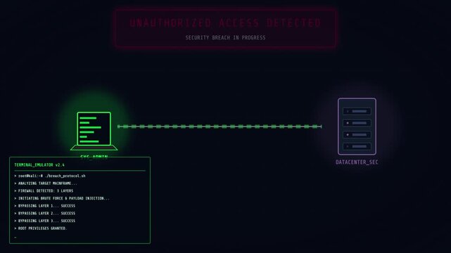 Hacker initiating a digital breach protocol to bypass firewall security layers into a corporate datacenter