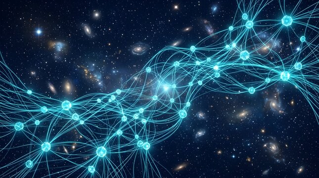3D cyan neural network glowing with electric filaments in deep space futuristic tech background