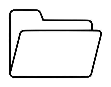 Hand-traced vector icon illustration of a classic open file folder with tab on top, minimal black line outline on white background, simple isolated graphic resource