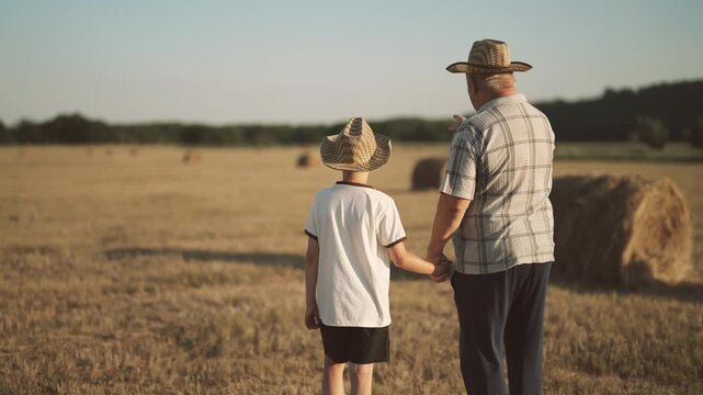 Old farmer teaching his grandchild, elderly man and boy in agricultural fields. Happy family in countryside, back view shot with aged male person and child, spend summer vacation in farm, granddad