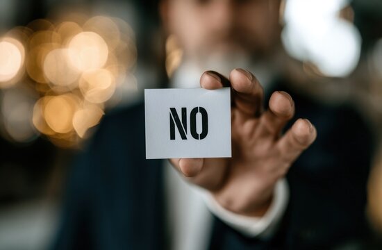 Man in dark suit holding white card with bold no text