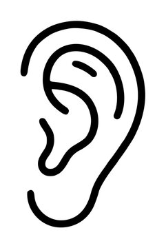 Hand-traced vector illustration of a human ear anatomy icon featuring outer ear contours and inner canal structure on a clean white background