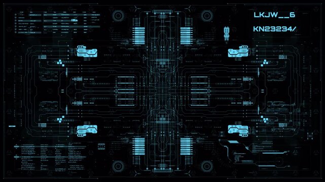 Futuristic HUD interface with complex data visualization and technical schematics.