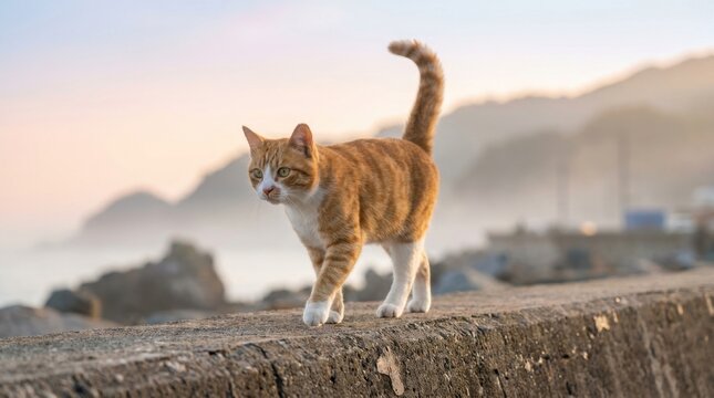 Ginger cat walking on a wall with a scenic mountain background at sunrise.