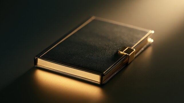 An elegant, closed, dark leather-bound journal with ornate gold trim and clasp