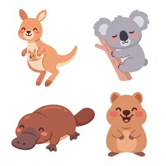 Fototapeta premium Cute Australian Animals Collection Kangaroo Koala Platypus Quokka