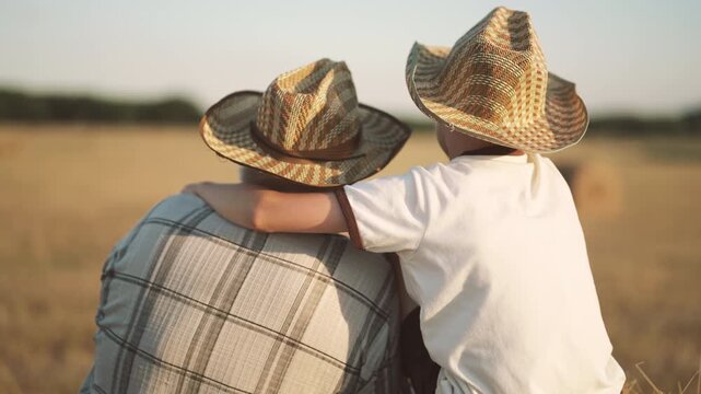 Back view of grandfather and grandson sitting in beautiful golden rye field. Little boy hugging his grandpa, warm family atmosphere, continuity of generations, relative relationships, farmer and child