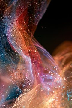 Ethereal, shimmering fabric waves with sparkling dust against a dark background