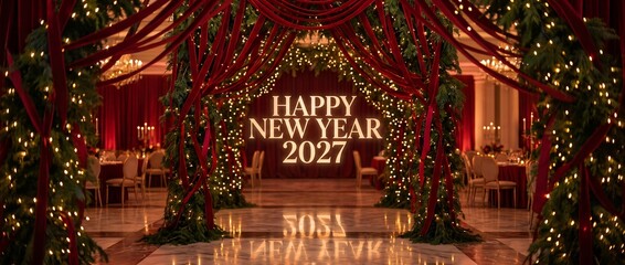 Fototapeta premium Elegant Festive New Year 2027 Celebration Hall Decorated with Luxurious Red Ribbons and Lights