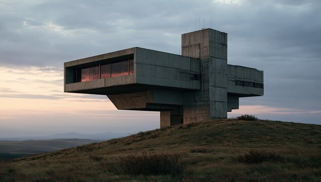 Geometric concrete structure on a grassy hilltop at sunset