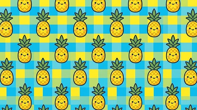 Seamless pattern with cute cartoon pineapples on a blue and yellow checkered background for summer fabric design