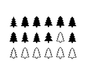 Obraz premium Assorted evergreen pine tree silhouettes and thin line icons set for winter nature forest landscape.