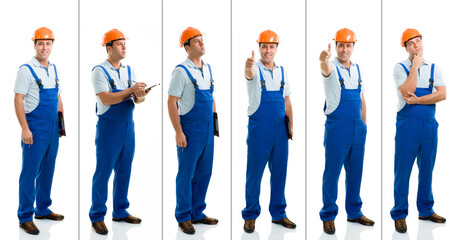 Obraz premium Full length collage of a construction worker wearing orange hardhat and blue overalls in different poses isolated on white background.