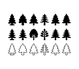 Obraz premium Varied black forest tree silhouettes including oak and pine icons for environmental landscape design.