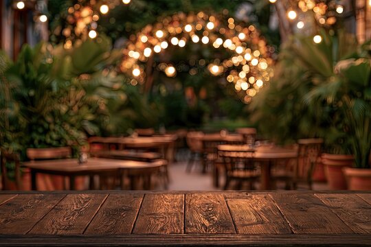 Cozy outdoor dining area with warm string lights and lush greenery