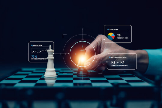 Predictive analytics with success probability, risk score and recommended strategy, representing business forecasting, risk assessment and data-driven decision making.
