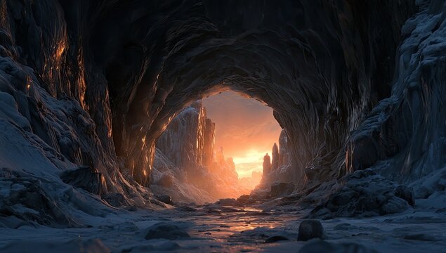 Sunlit cavern entrance in icy, snow-covered landscape, with dramatic warm light