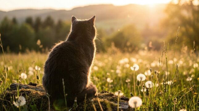 Gray cat sitting in a field of dandelions at sunset.