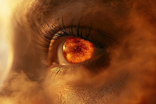 Close-up of a human eye with a fiery, glowing iris surrounded by smoky tendrils