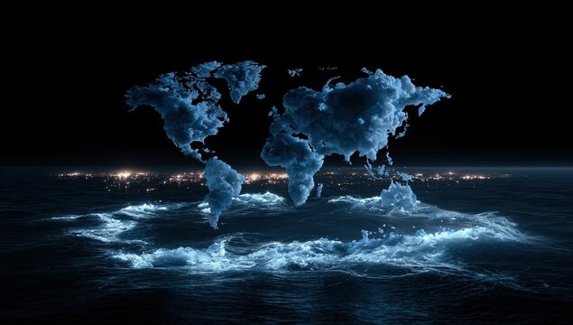 A world map formed by clouds hovers above a dark, churning ocean