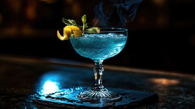 Elegant frosted coupe glass filled with a cool blue, smoky cocktail