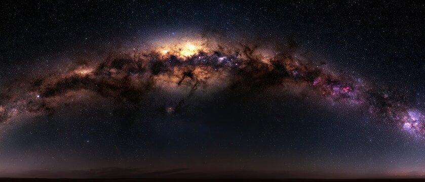 A panoramic view of the Milky Way galaxy against a dark starry sky