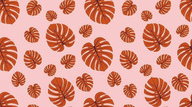 Seamless pattern of brown monstera leaves on a soft pastel pink background for modern tropical design