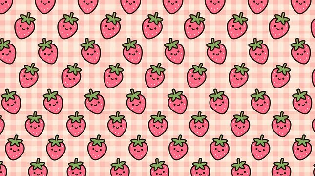 Seamless pattern with cute hand drawn strawberries on a soft pink and white checkered background