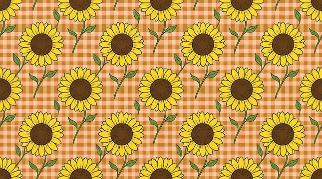 Seamless pattern featuring yellow sunflowers on a rustic orange and white checkered gingham fabric background