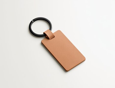 A rectangular, tan leather tag with a black ring attached, set on a white surface