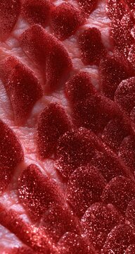 Close-up, textured surface with raised, red, bumpy elements