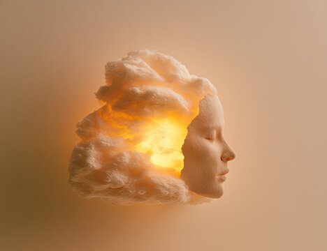 Surreal portrait of a face emerging from a glowing, cloud-like form