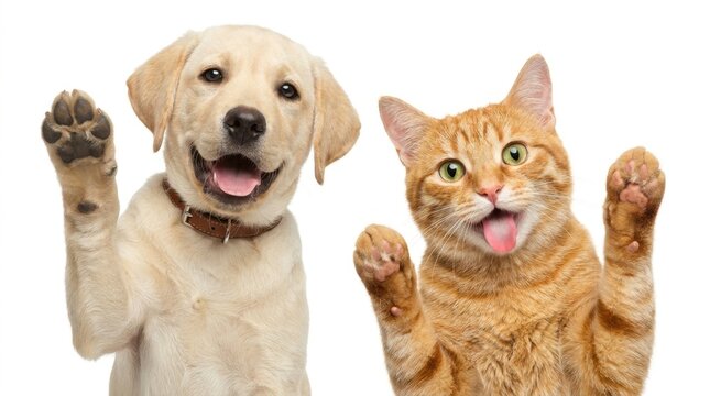 Happy dog and cat waving paws together against white background.