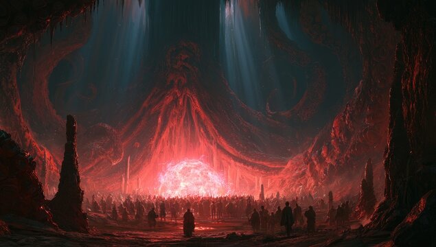 A colossal, pulsing, red energy core illuminates a vast, cavernous, subterranean chamber filled with spectral figures