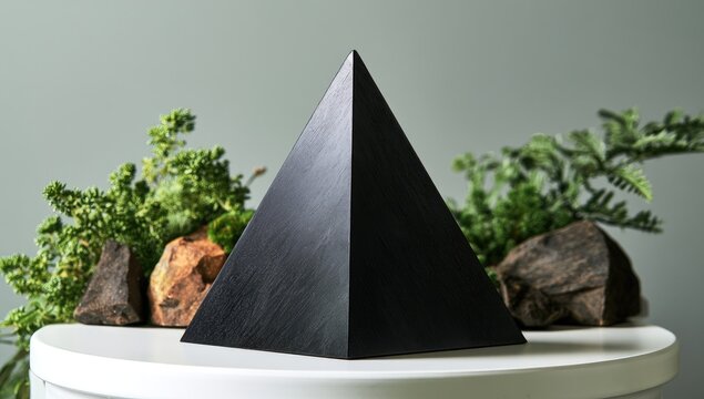 Dark geometric pyramid centerpiece surrounded by rocks and foliage