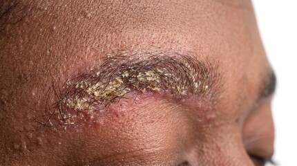 Fototapeta premium Severe seborrheic dermatitis flaking yellowish crusts and inflammation on male eyebrow