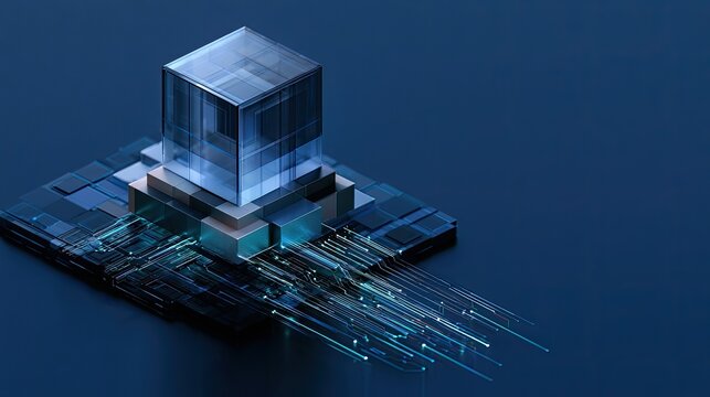 Futuristic transparent cube atop a complex digital circuit board with light streams
