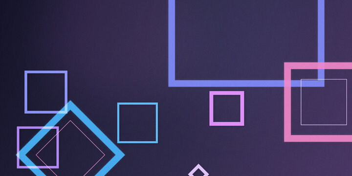 A sleek arrangement of glowing outlined squares and rectangles creates a futuristic geometric composition in vivid blue, pink, and purple tones, ideal for digital design.
