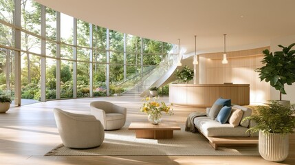 Fototapeta premium Modern reception area with curved windows and natural light