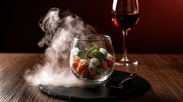A whimsical dessert with colorful treats, mint, and swirling smoke