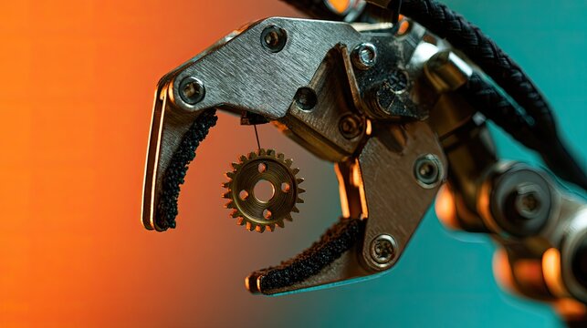 Robotic claw delicately holds tiny metal gear against a gradient background